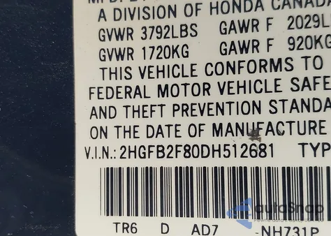 2013 Honda Civic Ex from USA, damaged, VIN 2HGFB2F80DH512681